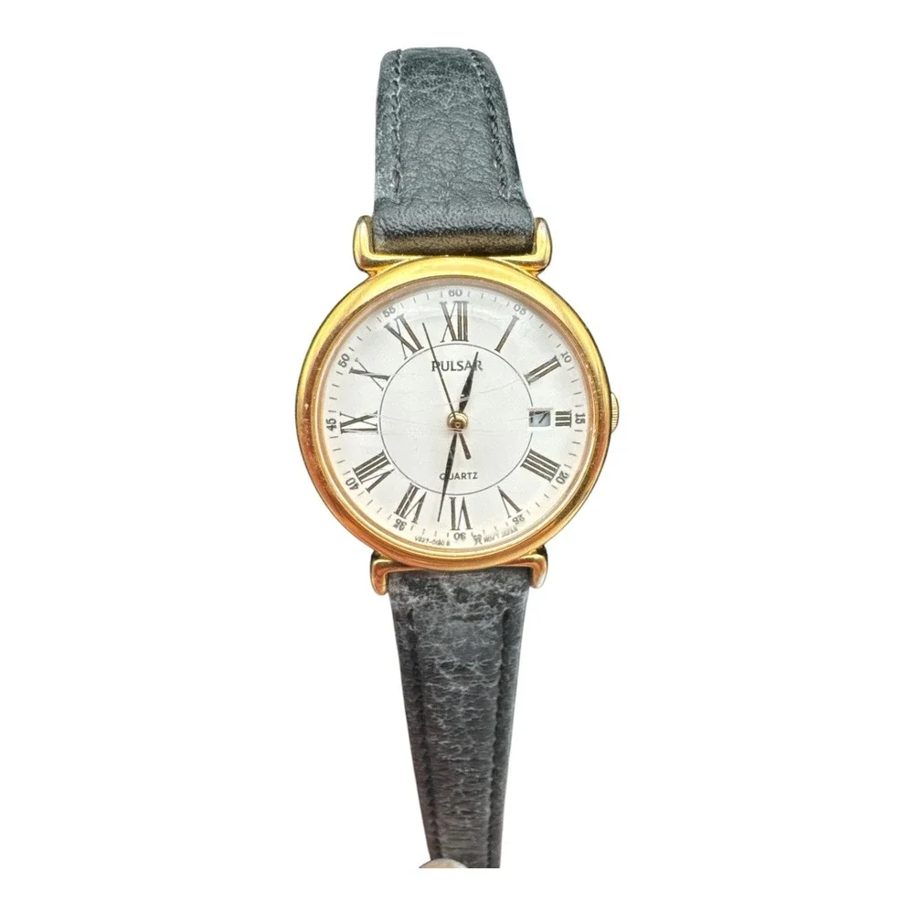 PULSAR Gold Tone DAY Date Quartz Watch Black Leather Band Untested